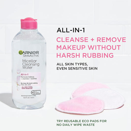 Garnier Micellar Water for All Skin Types, Facial Cleanser & Makeup Remover, 13.5 Fl Oz (400mL), 2 Count (Packaging May Vary)