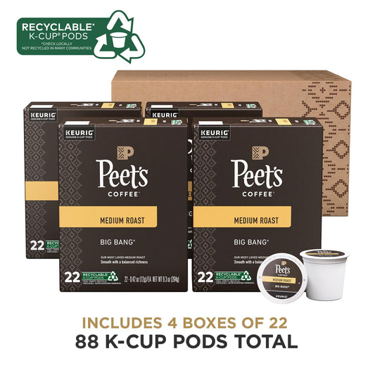 Peet's Coffee, Medium Roast K-Cup Pods for Keurig Brewers - Big Bang 88 Count (4 Boxes of 22 K-Cup Pods)