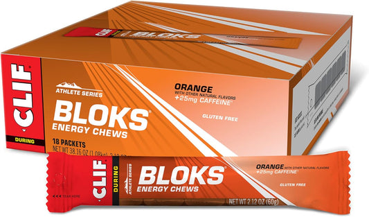 Clif Bloks Orange Flavor (2.12 Oz., 18 Count) And Black Cherry Flavor With Caffeine (2.12 Oz., 18 Count) Energy Chews Bundle