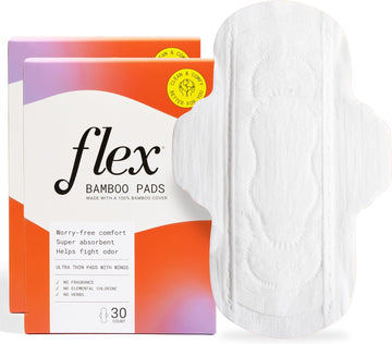 Flex Bamboo Sanitary Pads | Ultra Thin Pads with Wings | Fragrance-Free Sanitary Napkins Made with 100% Bamboo Cover | Super Absorbent & Comfortable Feminine Pads | Helps Fight Odor (2-Pack, 60 Pads)