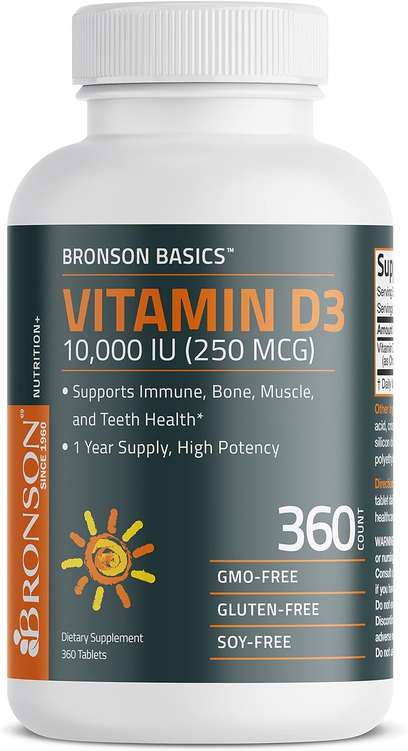 Bronson Vitamin D3 10,000 IU (250 MCG) 1 Year Supply for Healthy Muscle Function and Immune Support, Non-GMO, 360 Tablets : Health & Household