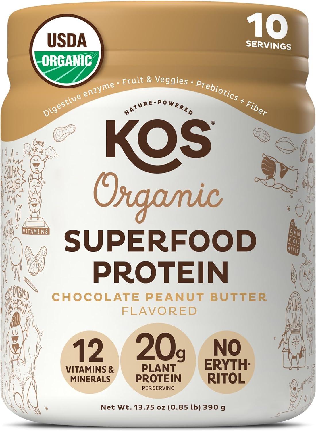 KOS Vegan Protein Powder, Chocolate Peanut Butter - Low Carb Pea Protein Blend, USDA Organic Superfood with Vitamins & Minerals - Keto, Soy, Dairy Free - Meal Replacement for Women & Men - 10 Servings