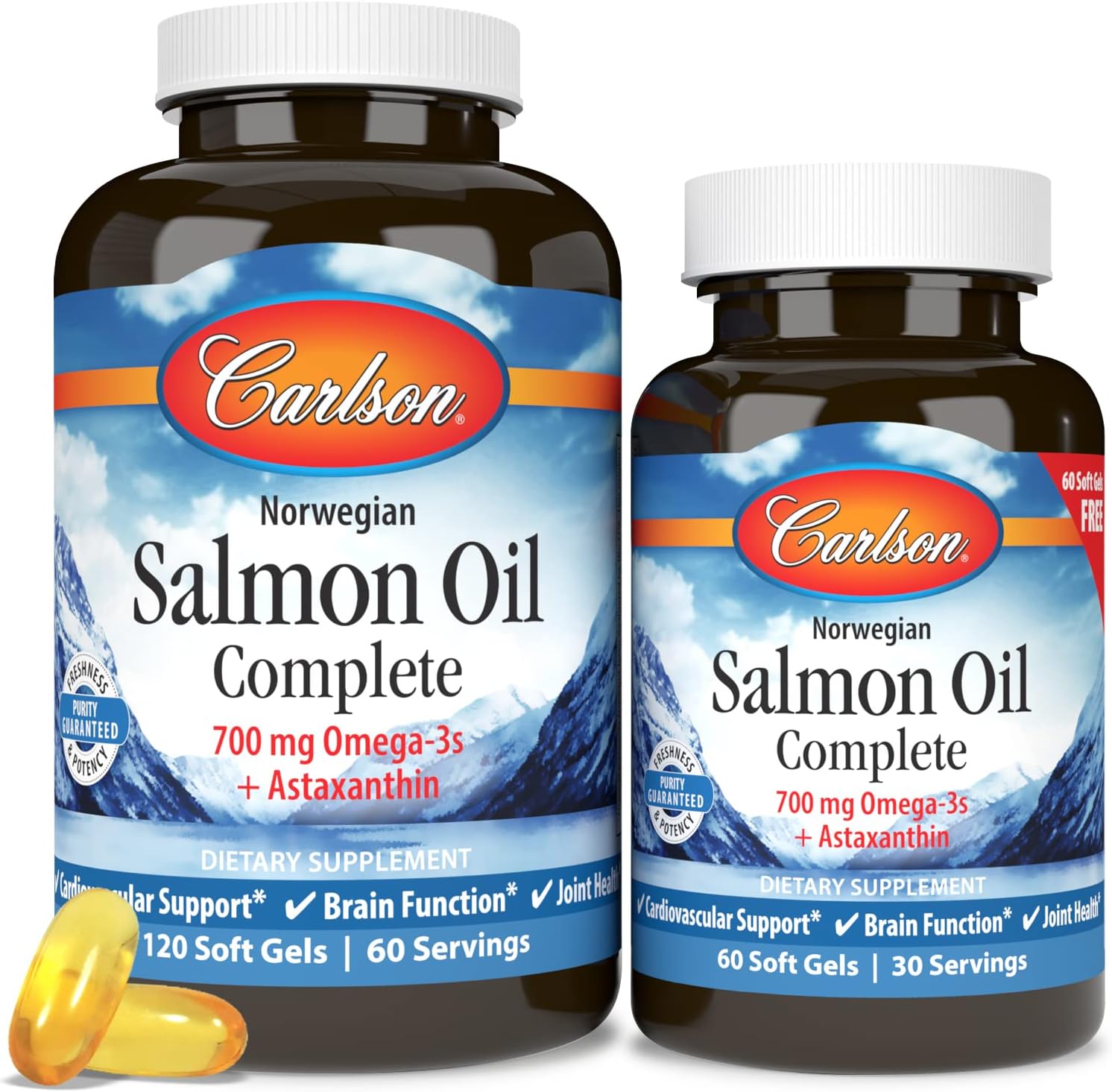 Carlson - Salmon Oil Complete, 700 mg Omega-3s + Astaxanthin, Norwegian, Heart, Brain & Joint Health, 120+60 Softgels : Health & Household