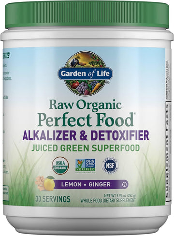 Garden Of Life Raw Organic Perfect Food Alkalizer & Detoxifier Juiced Greens Superfood Powder - Lemon Ginger, 30 Servings - Non-Gmo, Gluten Free Whole Food Dietary Supplement, Plus Probiotics