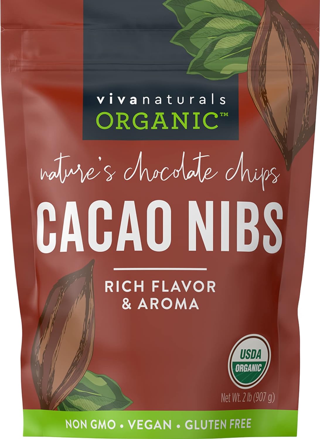 Viva Naturals Organic Cacao Nibs, 2 lb Bag (907g) - Keto Friendly and Vegan Unsweetened Chocolate Chip Substitute, Perfect for Gluten Free Baking, Cacao Nib Smoothies and More, Non-GMO and Gluten Free