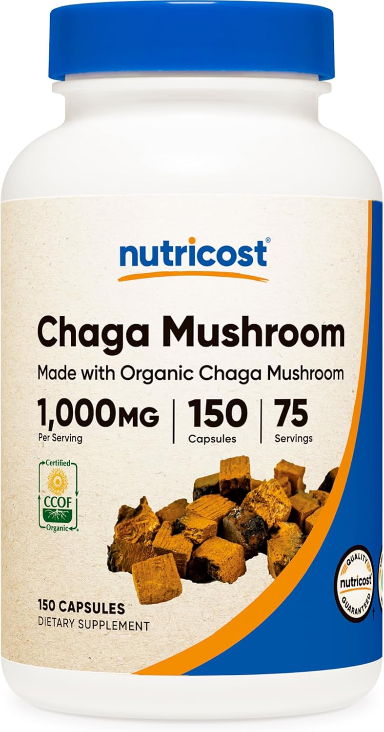 Nutricost Organic Chaga Mushroom Capsules 1000Mg, 75 Servings - Ccof Certified Made With Organic Chaga Mushroom, Vegetarian, Gluten Free, 500Mg Per Capsule, 150 Capsules