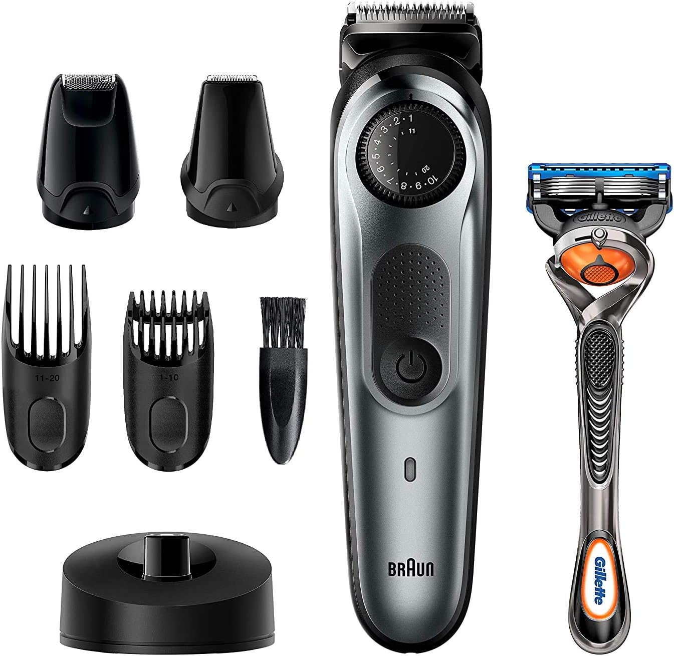 Braun Beard Detail Trimmer, Hair Clippers For Men, Cordless & Rechargeable, Mini Foil Shaver With Gillette Proglide Razor, Silver, 10 Piece Set