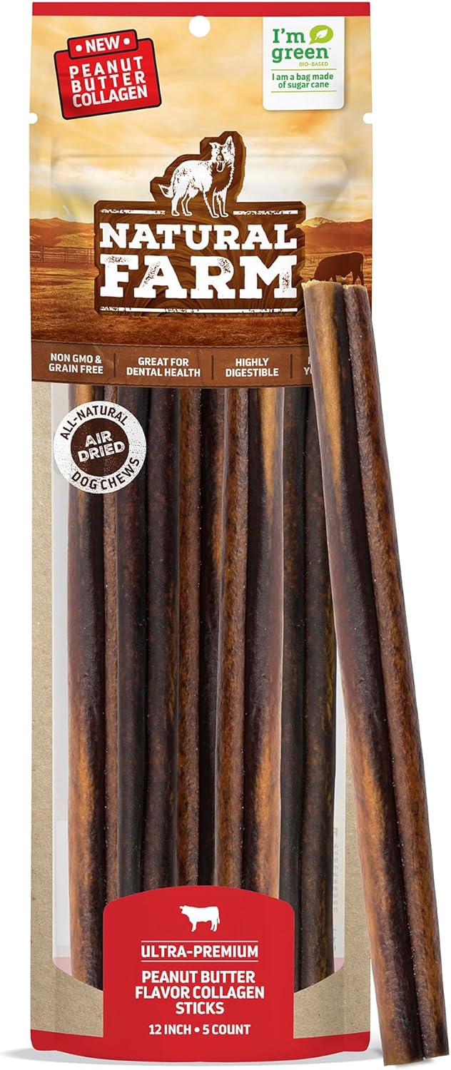 Natural Farm Peanut Butter Flavor Collagen Sticks for Dogs (12 Inch, 5 Pack), Long-Lasting Beef Collagen Sticks, Rawhide Alternative Chews with Chondroitin & Glucosamine, Low-Fat Dental Treats