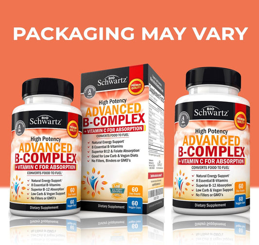 Vitamin B Complex With Vitamin C For Maximum Absorption - Methylcobalamin B12 & Folate Folic Acid Supplement - Vitamins B1 B2 B3 B5 B6 B7 B9 For Immune Energy & Nervous System Support - Non-Gmo -60Ct