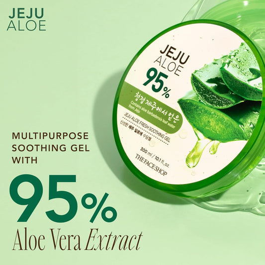 The Face Shop Jeju Aloe Soothing Gel | Multi-Use Moisturizing & Soothing Gel For Face, Body & Sun Burn Care | 95% Aloe Vera Extract, All Skin Types, 10.14 Fl Oz, Korean Skincare