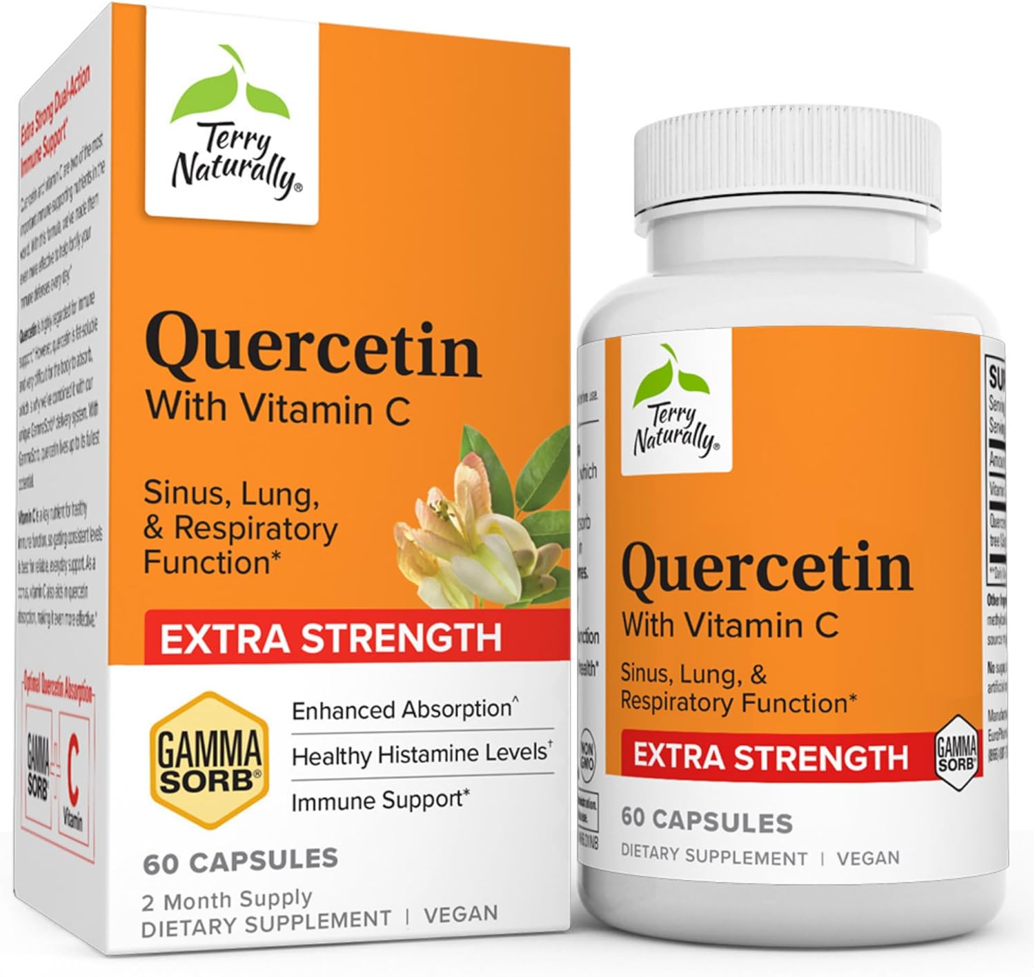 Terry Naturally Quercetin with Vitamin C Extra Strength - 60 Capsules - Sinus, Lung & Respiratory Function - Non-GMO, Vegan - 60 Servings
