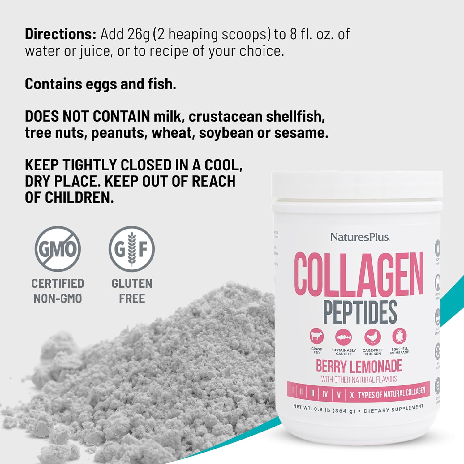 Natures Plus Collagen Peptides, Berry Lemonade - 0.8 Lb Powder - Hair, Skin, Nail & Joint Health, Immune System Support - Non-Gmo, Gluten Free - 14 Servings