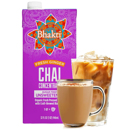 Bhakti Chai Ginger & Black Tea Concentrate | Organic, Vegan, Fair Trade, Kosher, Gluten-Free, Sugar-Free | Original (Unsweetened), 32 Oz (Pack Of 6)
