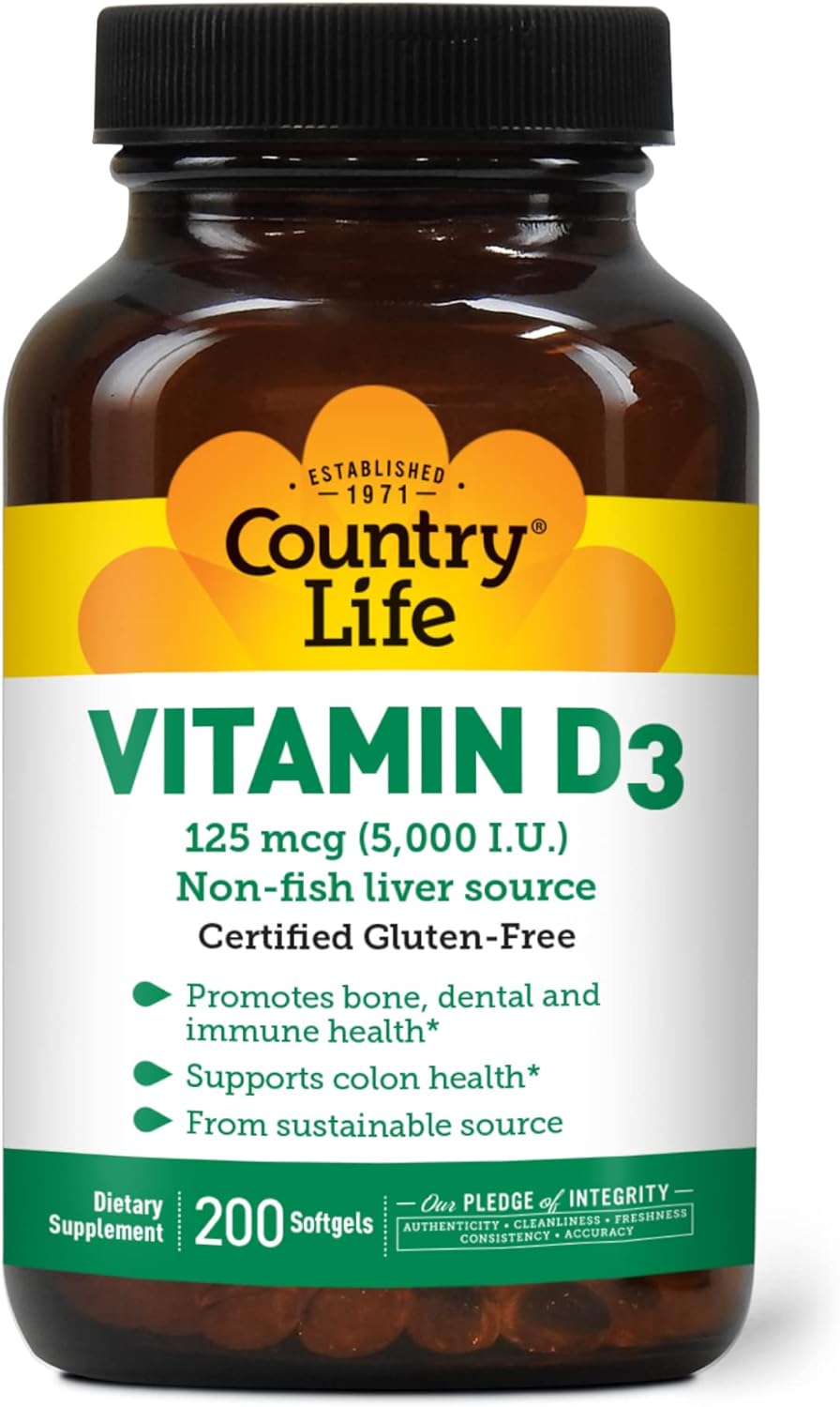 Country Life, Vitamin D3 5000 Iu, Supports Healthy Bones, Teeth And Immune System, Daily Supplement, 200 Ct