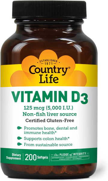 Country Life, Vitamin D3 5000 Iu, Supports Healthy Bones, Teeth And Immune System, Daily Supplement, 200 Ct