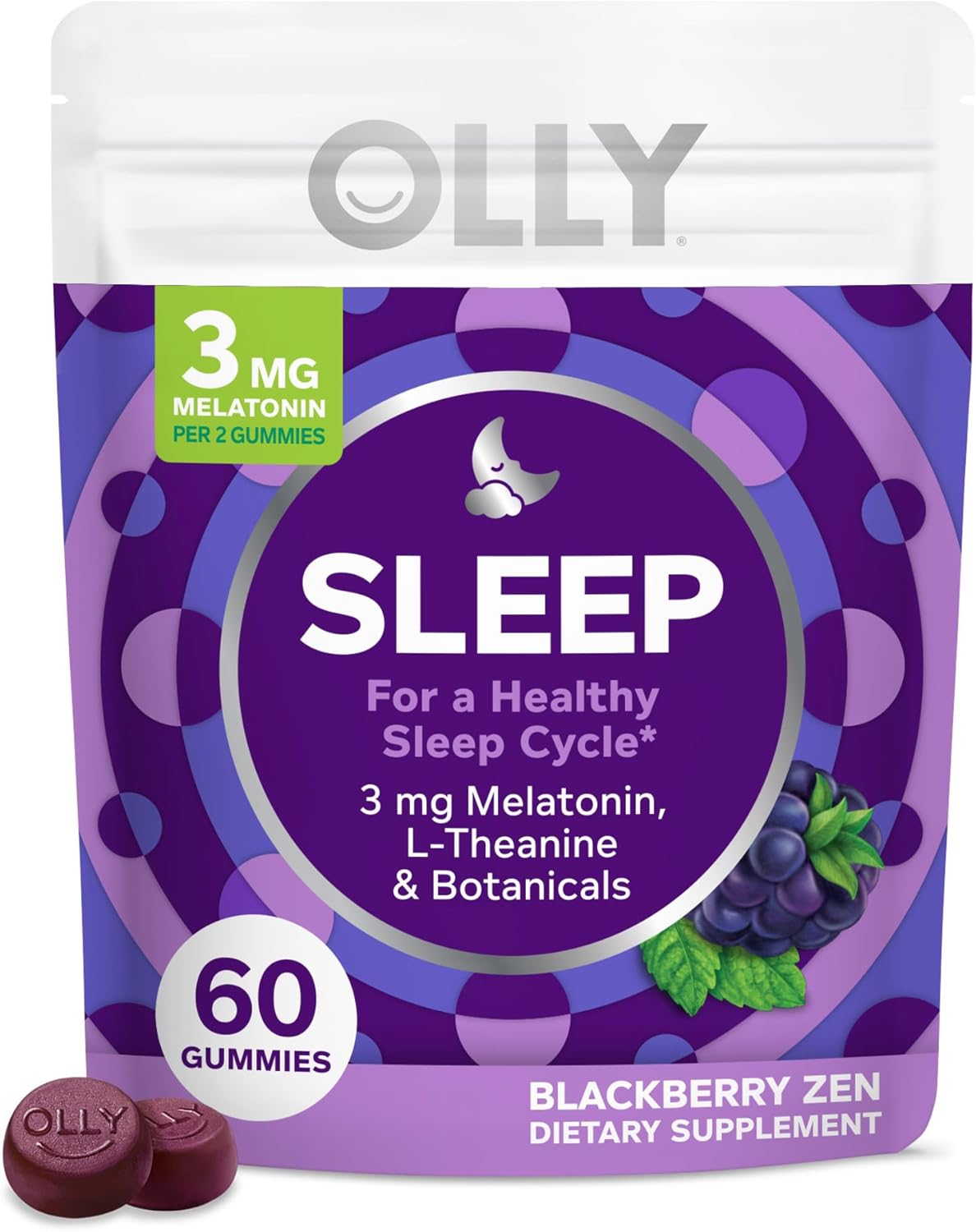 Olly Sleep Gummy, 3 Mg Melatonin, L-Theanine, Chamomile, And Lemon Balm Extracts, Blackberry Flavor, 30 Day Supply - 60 Count (Packaging May Vary)