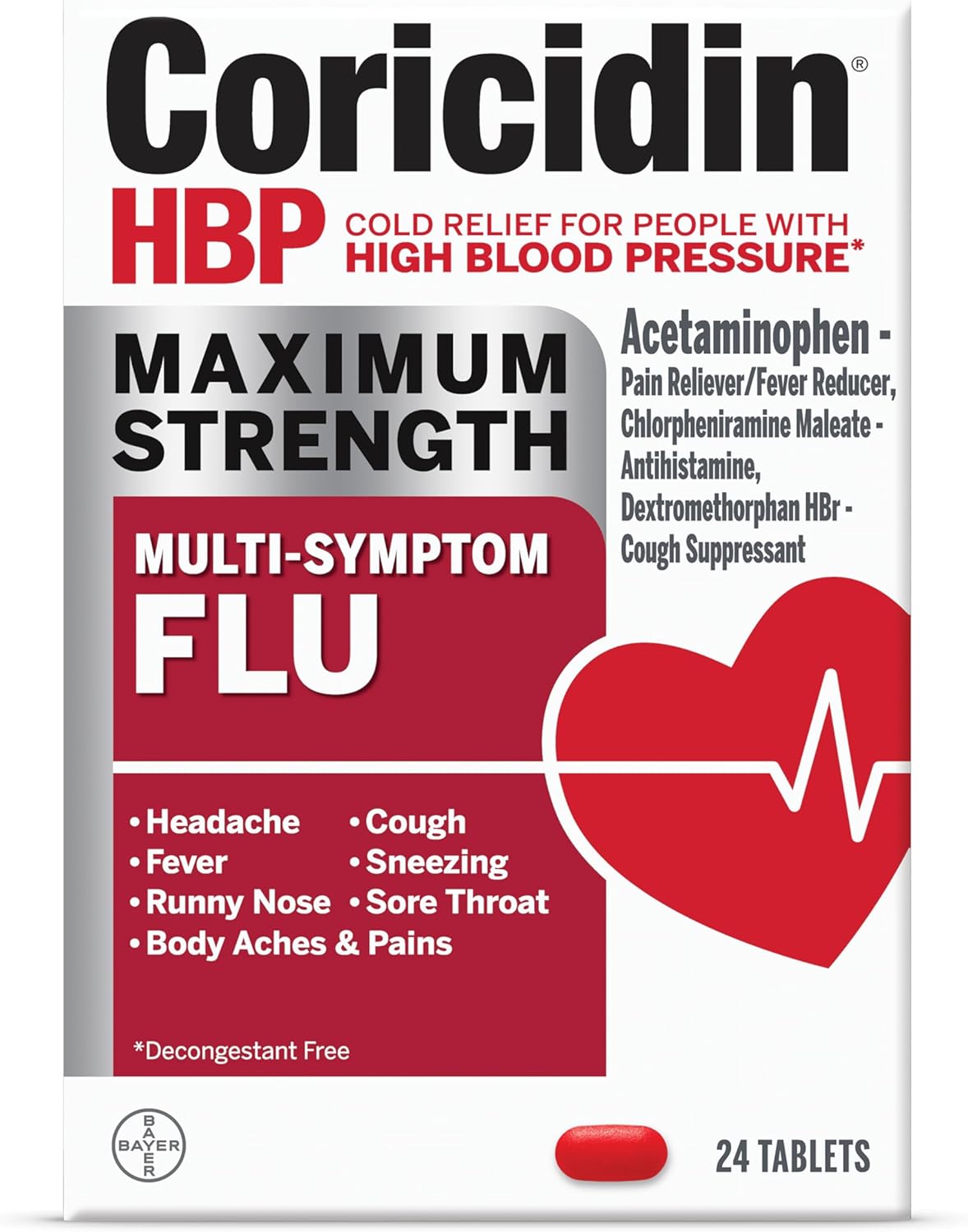 Coricidin Hbp Maximum Strength Multi-Symptom Flu Tablets For Body Aches, Body Pains Cold And Cough Relief: Flu Medicine For Adults With High Blood Pressure - 24 Count