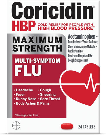 Coricidin Hbp Maximum Strength Multi-Symptom Flu Tablets For Body Aches, Body Pains Cold And Cough Relief: Flu Medicine For Adults With High Blood Pressure - 24 Count