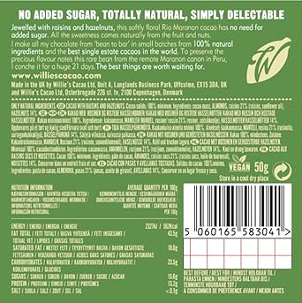 Willie'S Cacao - No Added Sugar Chocolate Bar - 100% Cacao With Hazelnut & Raisin - 50G X 12-100% Cacao Naturally Sweetened With Fruit And Nuts - Vegan Chocolate - Bean To Bar