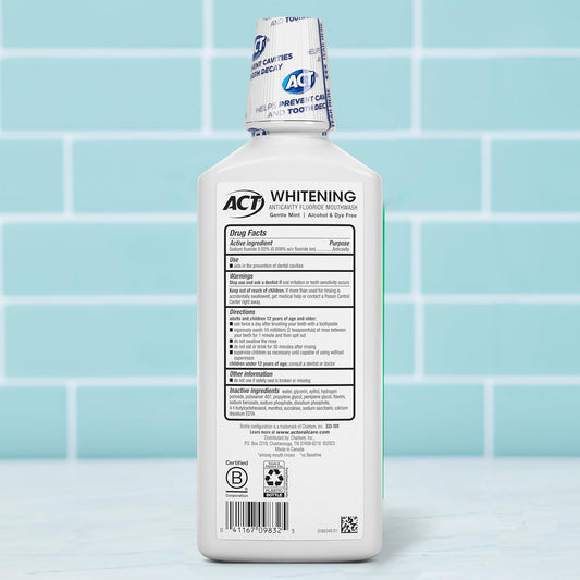 Act Whitening + Anticavity Fluoride Mouthwash 16.9 Fl. Oz. With Zero Alcohol, Dye Free, Gentle Mint