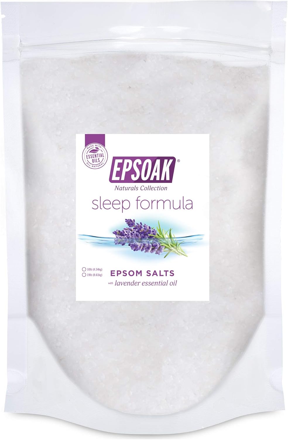 Epsoak Epsom Salt 19 Lb. Magnesium Sulfate Usp. (Qty. 1 X 19Lb. Bag), Lavender Sleep Formula, Resealable Epsom Salt Bag, Made In The Usa, Cruelty-Free Certified