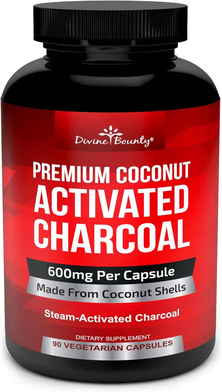 Divine Bounty Organic Activated Charcoal Capsules - 600mg Coconut Charcoal Pills - 90 Veggie Caps