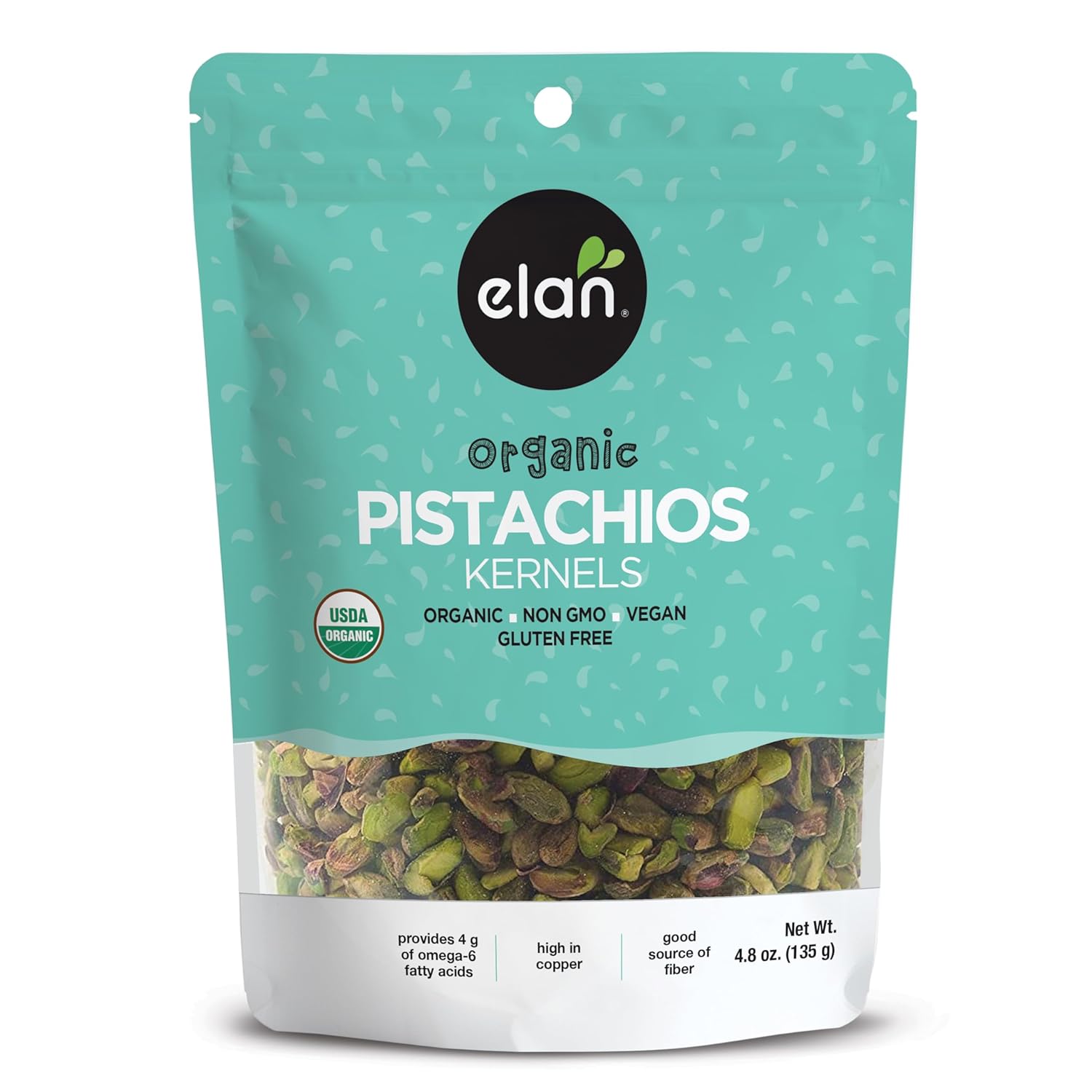 Elan Organic Raw Pistachios, 4.8 Oz, Unsalted Kernels, No Shell,Pistachio Nuts, Non-Gmo, Vegan, Gluten-Free, Kosher, Healthy Snacks