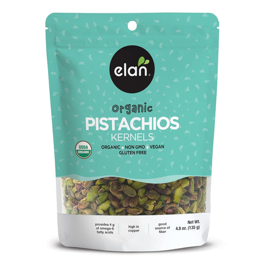 Elan Organic Raw Pistachios, Unsalted Kernels, No Shell,Pistachio Nuts, Non-GMO, Vegan, Gluten-Free, Kosher, Healthy Snacks, 8 pack of 4.8 oz
