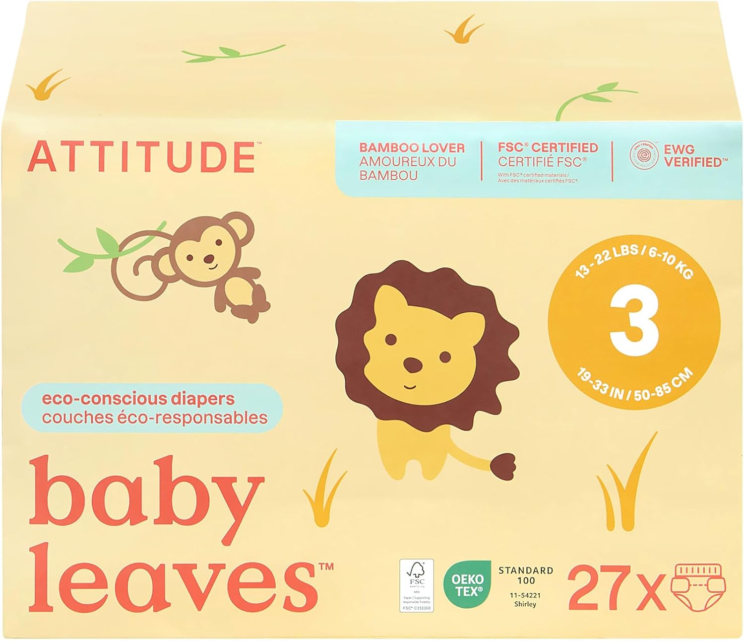 Attitude Eco-Conscious Disposable Diapers, Ewg Verified, Size 3 (13-22 Lbs), Ultra Absorbent For Baby, Vegan & Plant-Based, 27 Count