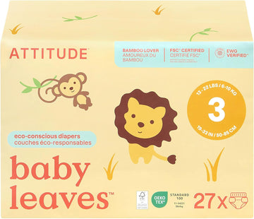 Attitude Eco-Conscious Disposable Diapers, Ewg Verified, Size 3 (13-22 Lbs), Ultra Absorbent For Baby, Vegan & Plant-Based, 27 Count