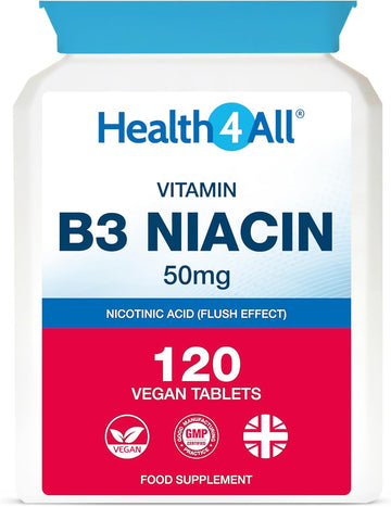 Health4All Vitamin B3 Niacin As Nicotinic Acid (Flush Effect) 50Mg 120 Tablets 4 Months Supply, Vegan Niacin Flush Supplement, Cholesterol Support Supplement, Reduce Tiredness And Fatigue | Made In Uk