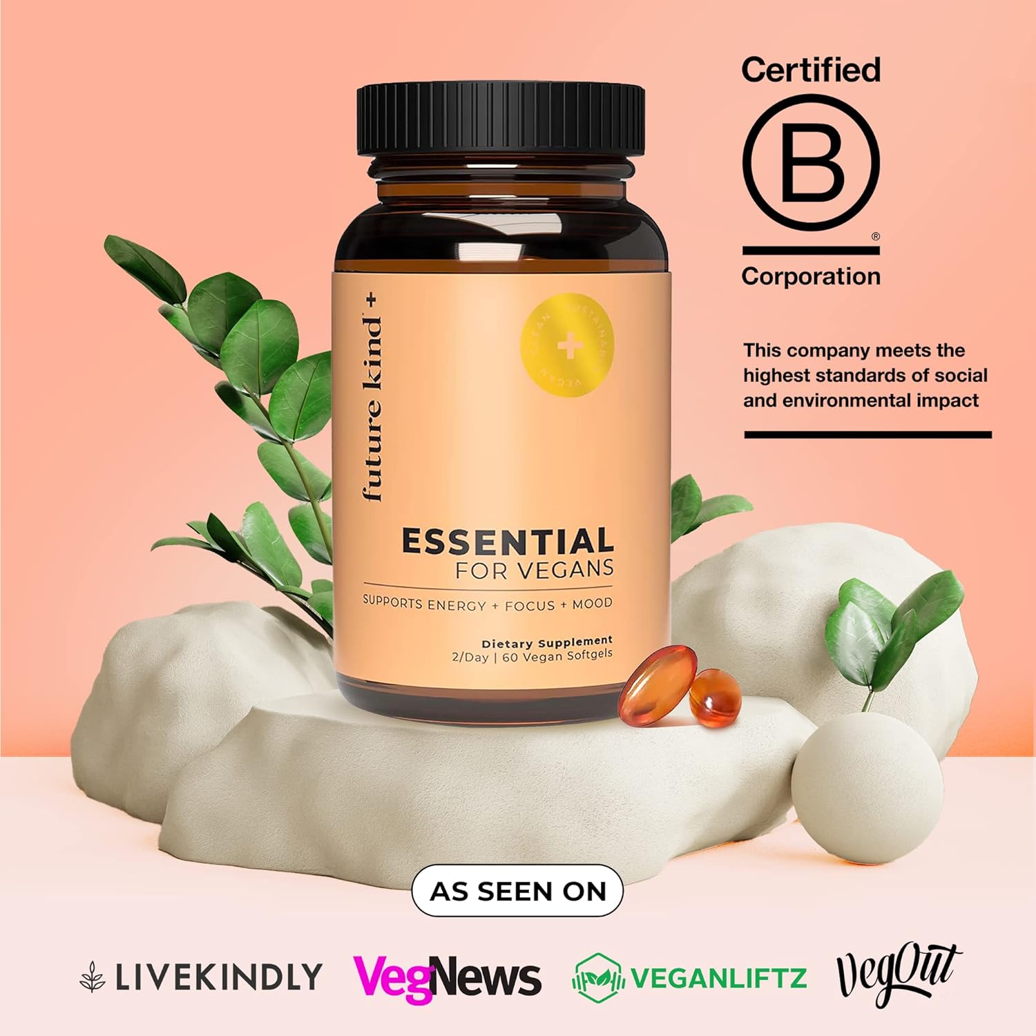 Future Kind Vegan Multivitamins - Glass Bottle & Made for Vegans w/Omega 3 DHA+EPA, Vitamin B12 & D3 - Vegan Vitamin for Energy, Focus, & Mood - Vegan Vitamins for Women & Men, 60 Tiny Softgels : Health & Household