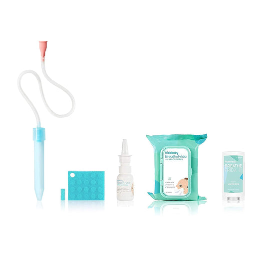 Frida Baby Cold And Flu Relief Bundle: Includes The Nosefrida Nasal Aspirator, Hygeine Filter, Saline Nasal Spray, Baby Vapor Rub & Vapor Nose & Chest Wipes