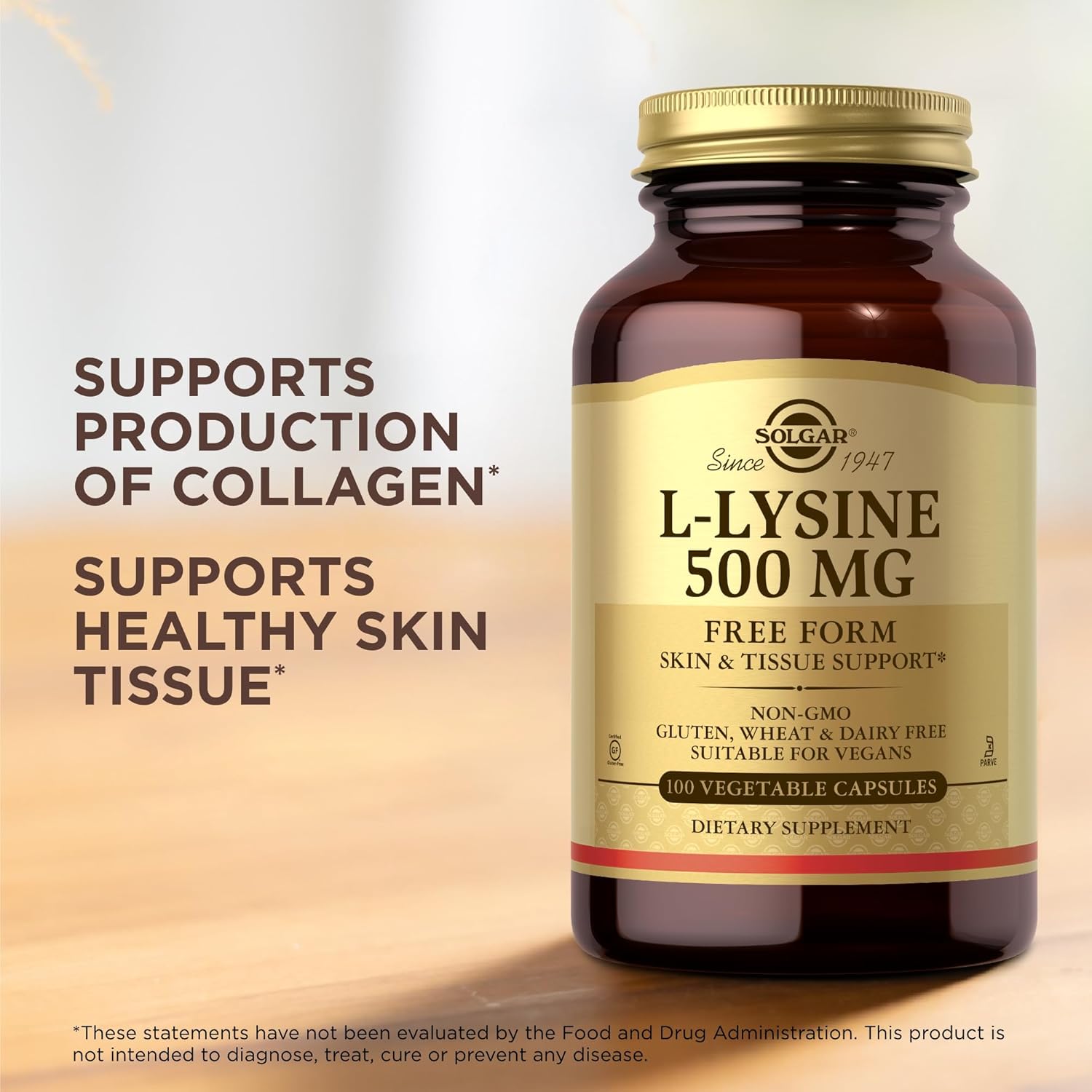 Solgar L-Lysine 500 Mg - 100 Vegetable Capsules, Pack Of 3 - Skin & Tissue Support - Non-Gmo, Vegan, Kosher, Gluten Free - 300 Total Servings