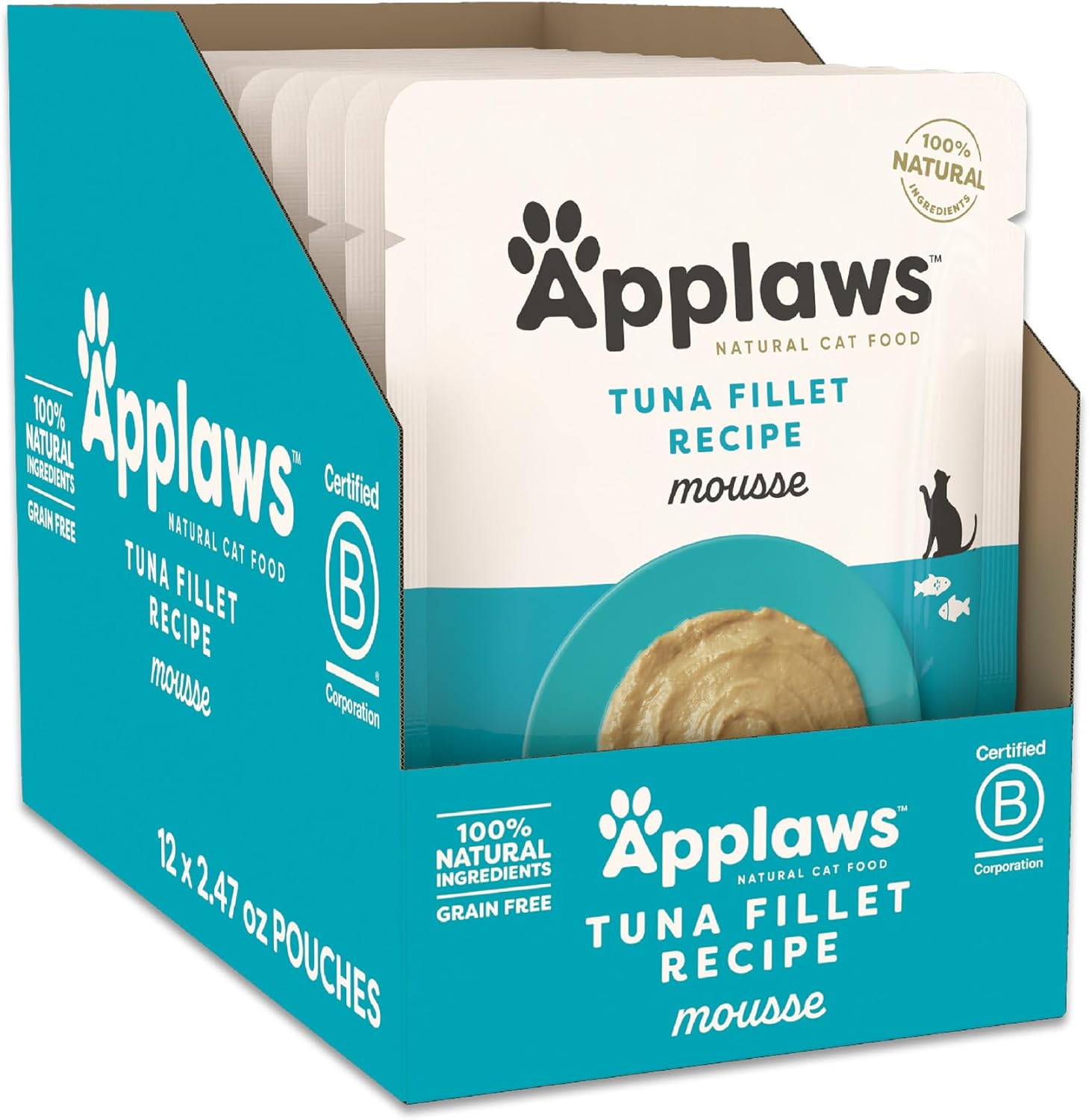 Applaws Natural Wet Cat Food In Mousse, Limited Ingredient Wet Cat Food Pouches, No Additives, Made With Natural Ingredients, Tuna Fillet In Mousse (12 X 2.47Oz Pouches)