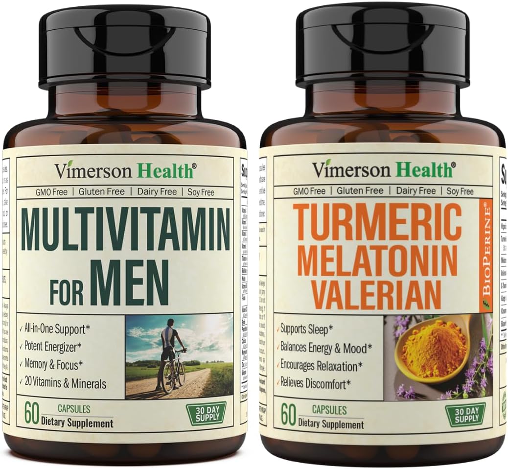 Vimerson Health Mens Multivitamins + Turmeric Melatonin Valerian Bundle for Joint Support and Discomfort Relief, Immune Health & Inflammatory Response