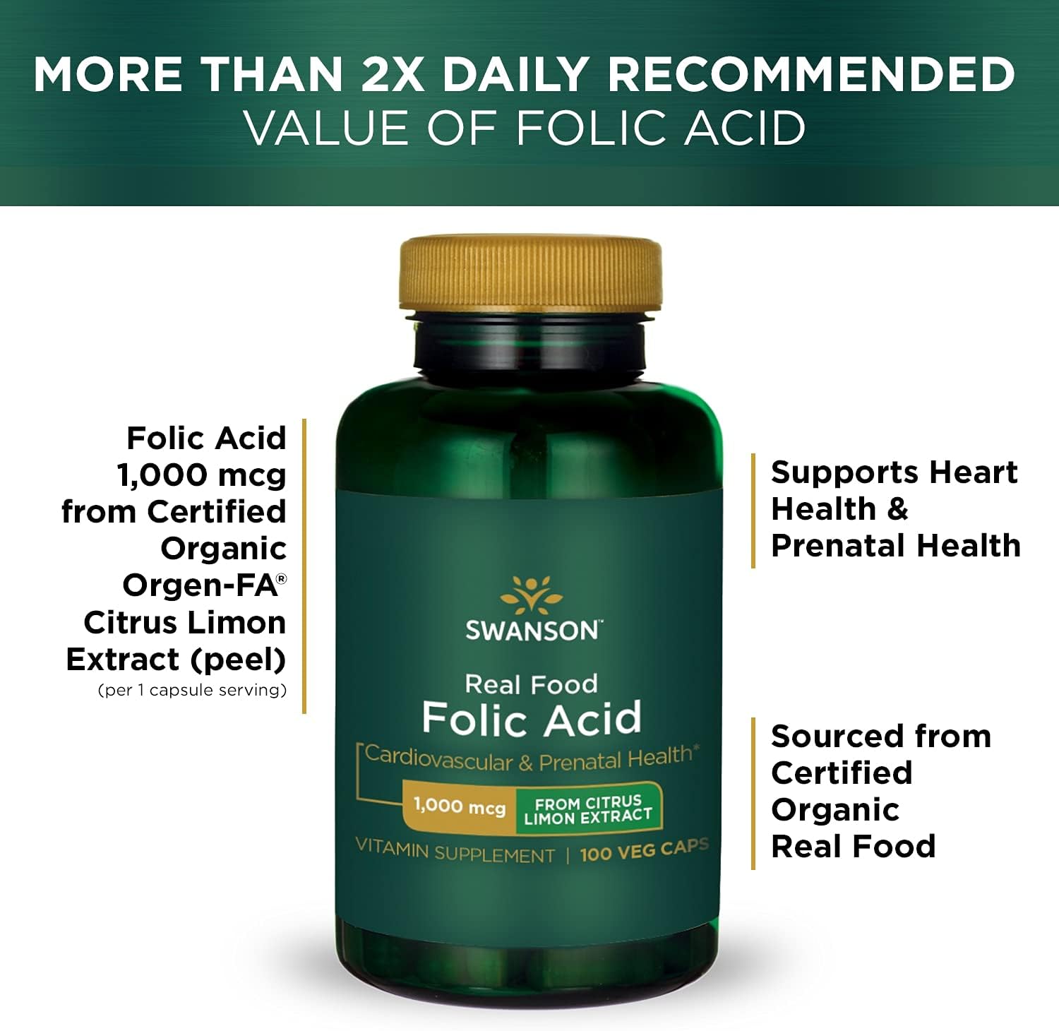 Swanson Real Food Folic Acid Folate Vitamin B-9 Cardiovascular Prenatal Health from Citrus Limon Extract Vegan Gluten-Free Non-GMO B9 1000 mcg 100 Veggie Capsules : Health & Household