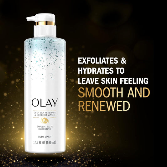 Olay Exfoliating & Hydrating Body Wash With Deep Sea Minerals Coconut Water And Vitamin B3 20 Fl Oz (Pack Of 4)