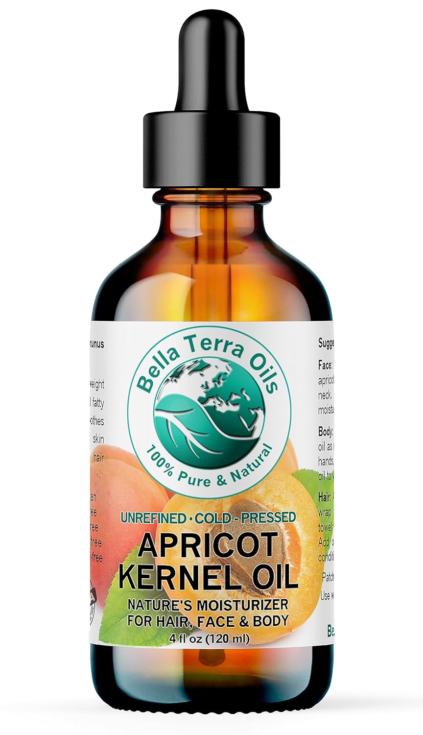 Bella Terra Oils - Organic Apricot Kernel Oil 4 oz - Pure Organic Apricot Essence, Abundant in Linoleic & Oleic Acid, A Luxurious Carrier Oil for Essential Oils