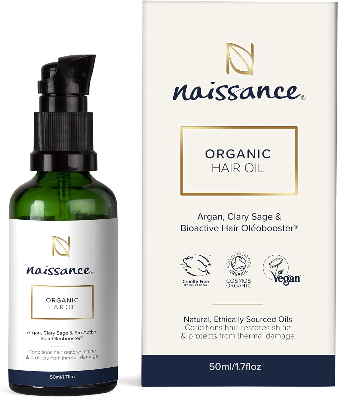 Naissance Certified Organic Hair Oil 50ml - Nourishing Serum with Argan Oil For Hair Growth - Natural Treatment For Dry Damaged Frizzy Hair - Restores Shine Heat Protection Travel Size For Men & Women