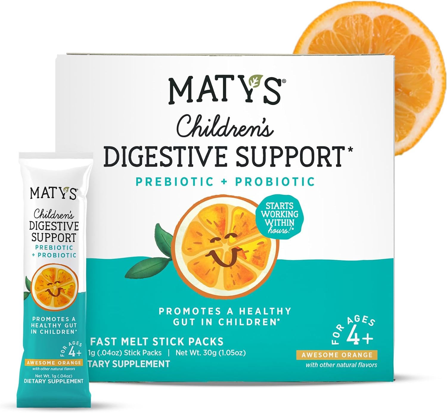 Matys Kids Digestive Support, Probiotic + Prebiotic Powder Packs for Childrens Digestive Health, Ages 4 Years +, Awesome Orange Flavor, Sugar Free, Gluten Free, Fast Melt, 30 Single Serve Packets