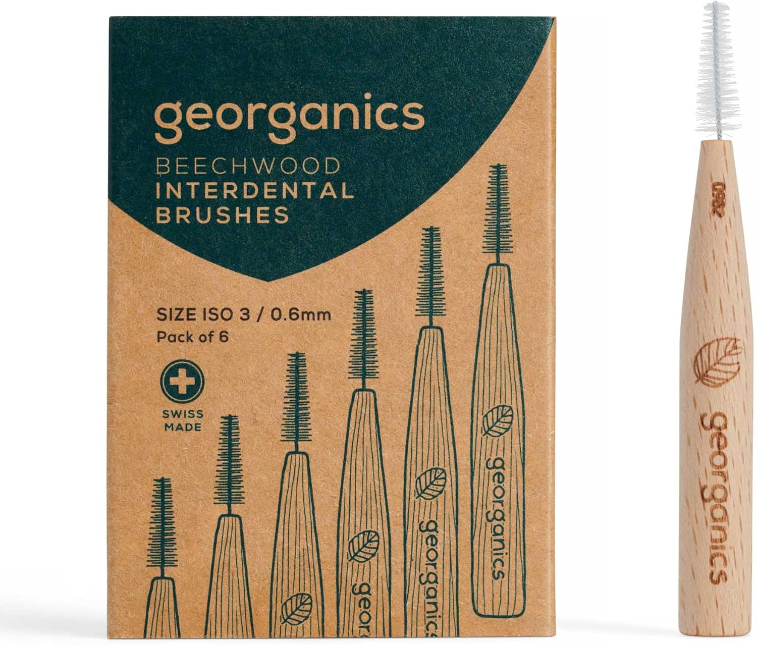 Georganics Beechwood Interdental Brushes Iso 3 (0.6Mm) - Naturel And Efficient Teeth Cleaning For Larger Interdental Gaps - Compostable And Biodegradable - Vegan Bpa-Free Nylon Bristles - Pack Of 6