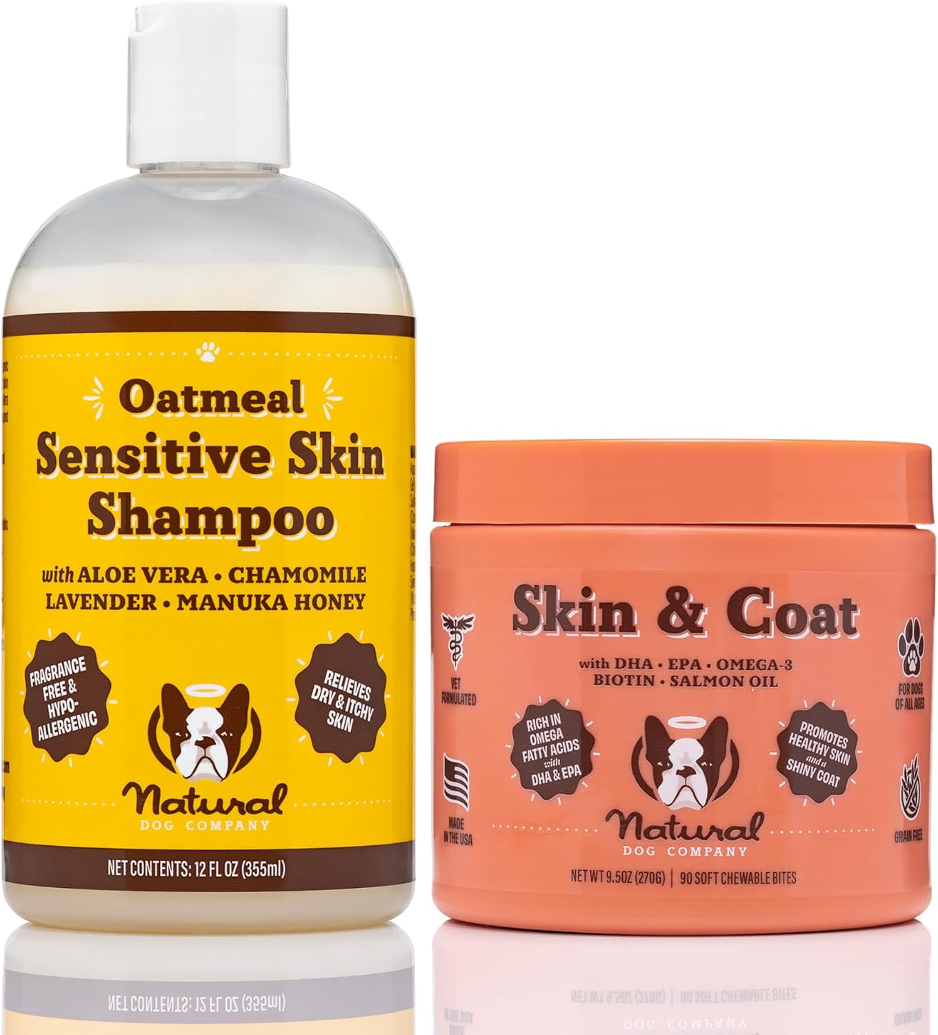 Natural Dog Company Skin & Coat Chews (90-Pcs) Bundle With Sensitive Skin Oatmeal Shampoo (12 Oz) | Daily Supplement With Sensitive Skin Shampoo | Gentle Cleaning For Healthier Skin And Coats