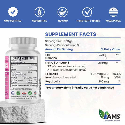 America Medic & Science Royal-Plus (30 Softgels) | Royal Jelly Prenatal Vitamins For Women | Iron Supplements With Fish Oil Omega-3 Fatty Acids And Folic Acid | Vital Nutrients For Pregnancy : Health & Household