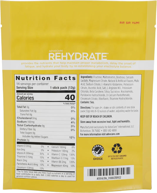 Advocare Rehydrate Electrolyte Drink Mix - Hydration & Recovery Drink With Sodium, Potassium & More - Mango Pineapple, 14 Stick Packs