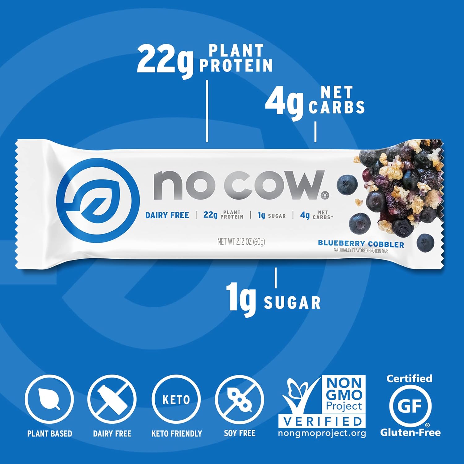 No Cow High Protein Bars, Blueberry Cobbler - Healthy Snacks, 20g Vegan Protein, High Fiber, Low Sugar, Keto Friendly, Dairy & Gluten Free (12 Count) : Health & Household