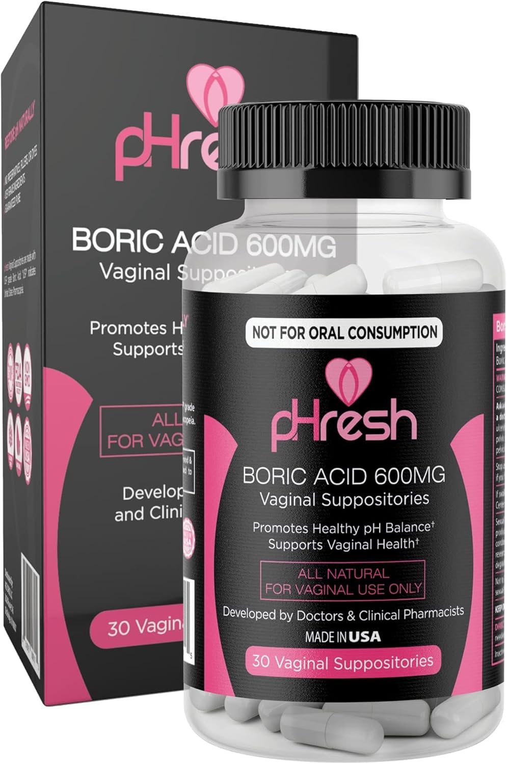 Phresh Boric Acid Suppositories For Women, Suppositories For Odor Use, Natural Feminine Care Supports Vaginal Health & Promotes Healthy Ph Balance - Made In Usa