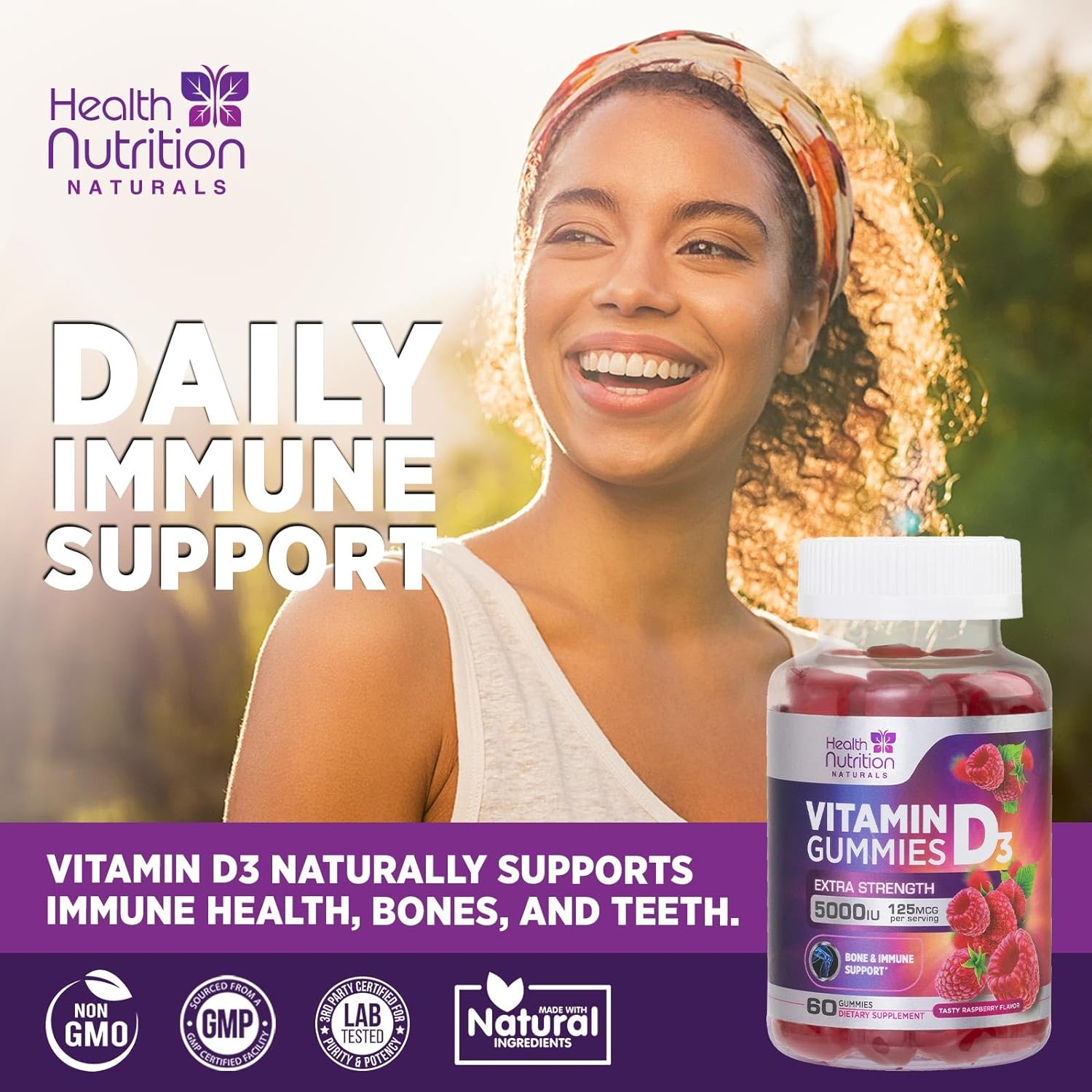 Vitamin D3 Gummies 5000 IU (125 mcg) - Extra Strength Vitamin D Gummy Dietary Supplement for Bone, Teeth, Muscle and Immune Health Support, Nature's Berry Vitamin D Supplement, Non-GMO - 60 Gummies : Health & Household