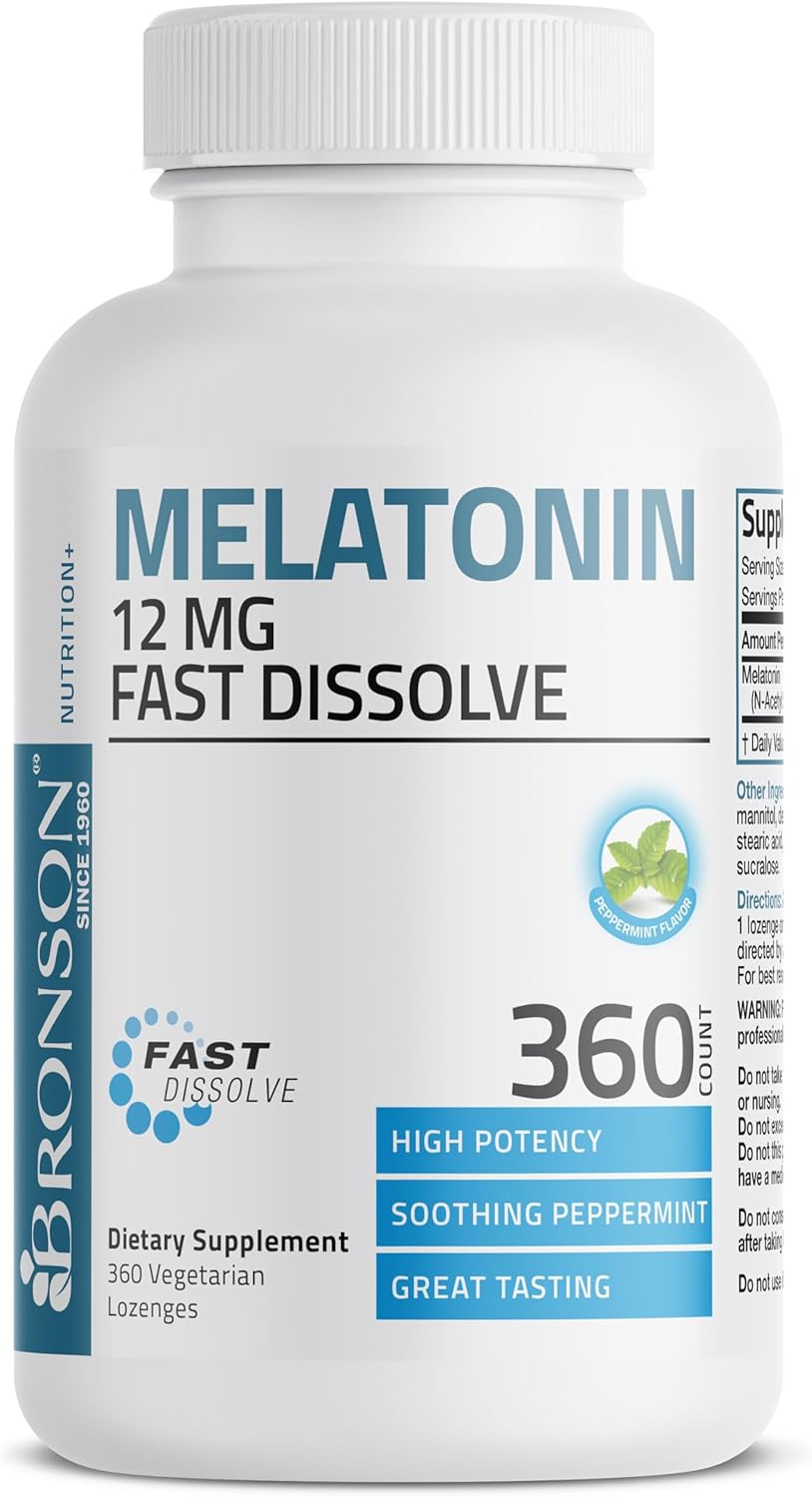 Bronson Melatonin 12mg Fast Dissolve Nighttime Sleep Aid Support & Relaxation Support, 360 Peppermint Vegetarian Lozenges : Health & Household