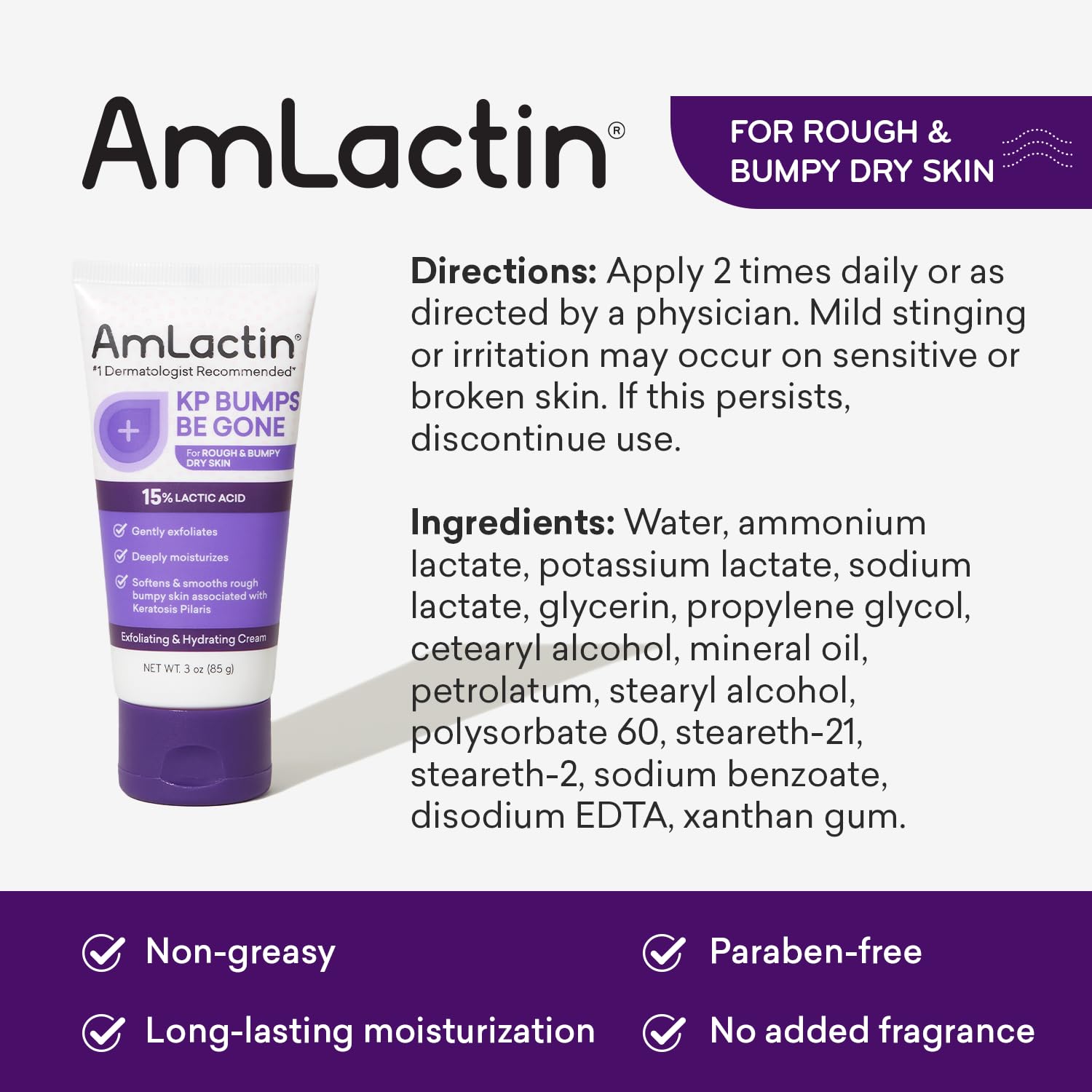 AmLactin KP Bumps Be Gone - 3 oz Keratosis Pilaris Moisturizing Cream with 15% Lactic Acid - Exfoliator and Moisturizer for Dry, Rough and Bumpy Skin (Packaging May Vary) : Beauty & Personal Care